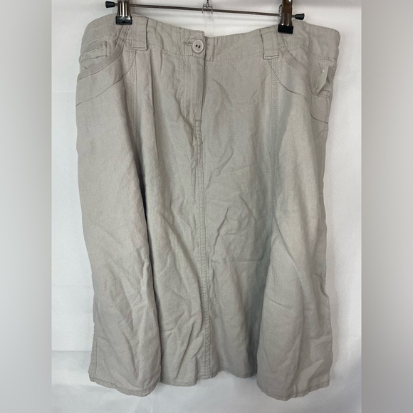 Katie’s linen blend A line skirt. Light khaki with a button zipper fly. Cute! - Picture 1 of 5